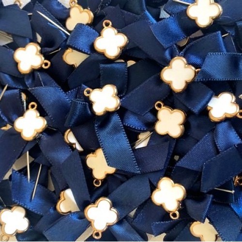 Christening martyrika for boy, for lapel, navy blue satin bow with white cross with gold details