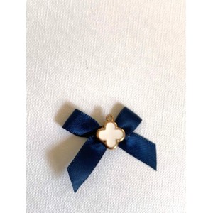 Christening martyrika for boy, for lapel, navy blue satin bow with white cross with gold details