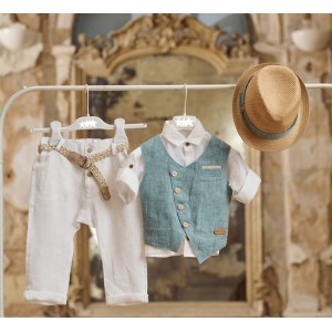 Linen baptism set for boy in white and mint