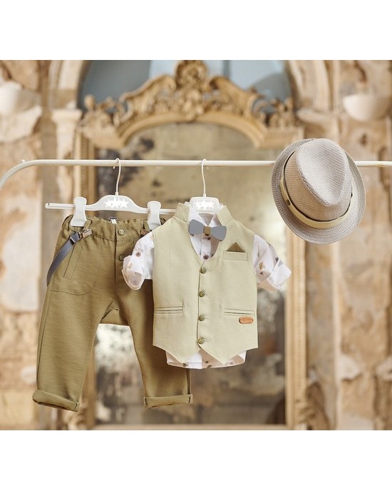 Baptism set for boy in olive green  and ivory Christening clothes
