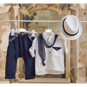 Baptism set for boy made of linen in white and navy blue