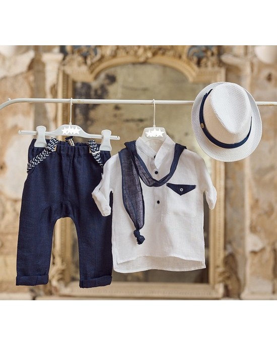 Baptism set for boy made of linen in white and navy blue Christening clothes