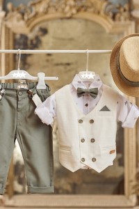 Cotton baptism set for boy in khaki green and  ivory