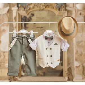 Cotton baptism set for boy in khaki green and  ivory