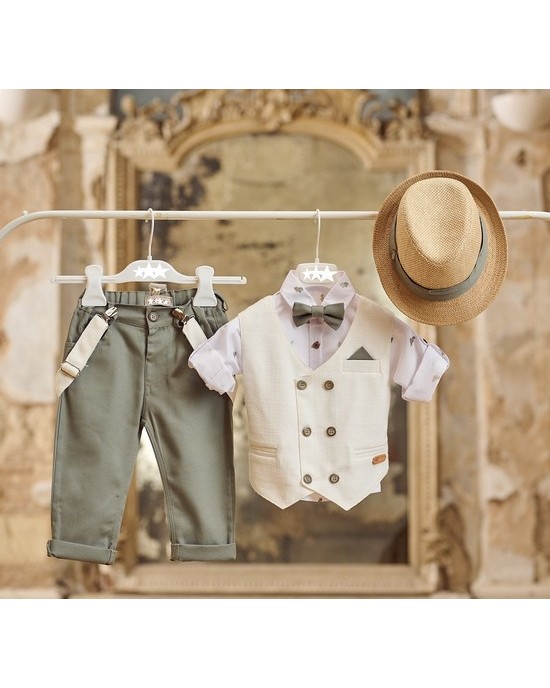Cotton baptism set for boy in khaki green and  ivory Christening clothes