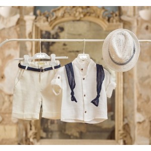 Baptism set  for boy made of linen in white with navy blue details