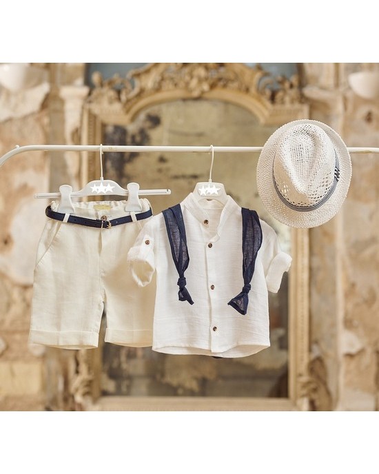 Baptism set  for boy made of linen in white with navy blue details Christening clothes