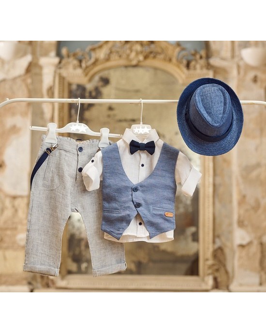 Baptism set for boy made of linen in ice grey and blue Christening clothes