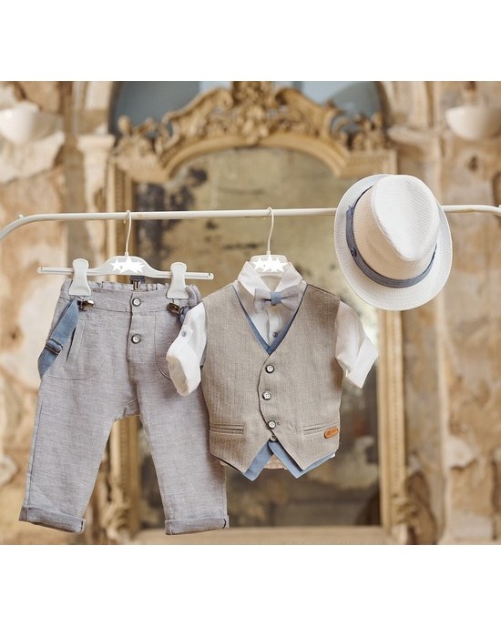 Linen baptism set for boy in beige - ice grey - baby blue Christening clothes