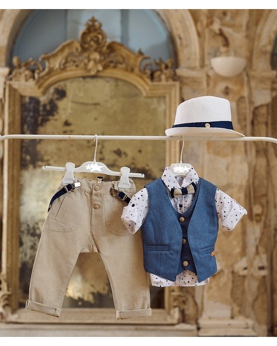 Cotton baptism set for boy in beige - blue Christening clothes