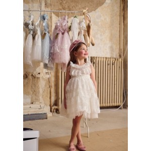 Baptism dress made of tulle and french lace in ivory