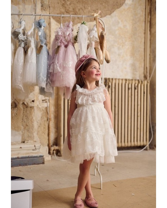 Baptism dress made of tulle and french lace in ivory Christening clothes