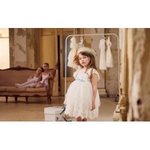 Baptism dress made of French lace and polka dot tulle