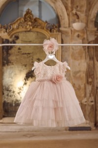 Baptism dress made of  pink glitter tulle 