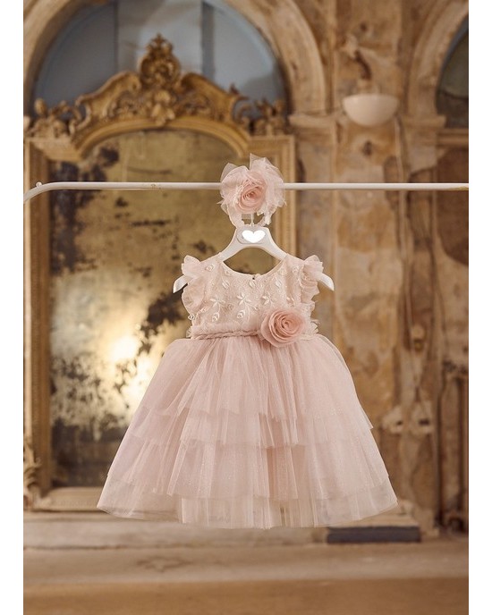 Baptism dress made of  pink glitter tulle  Christening clothes