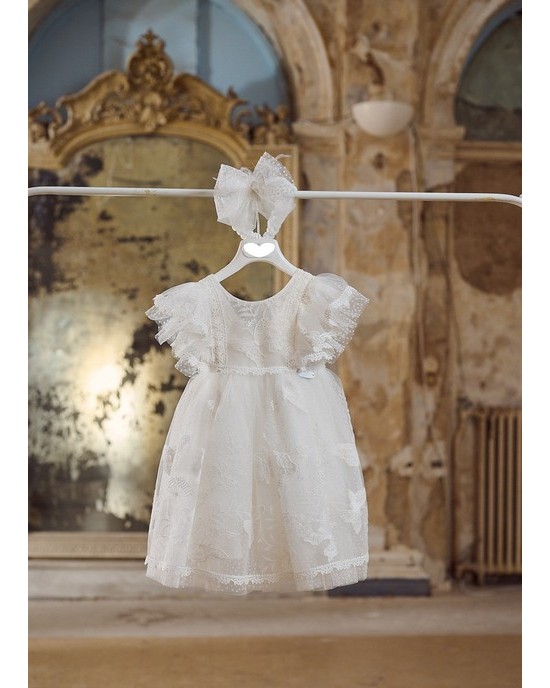 Baptism dress made of polka dot tulle and emboidered butterflies Christening clothes
