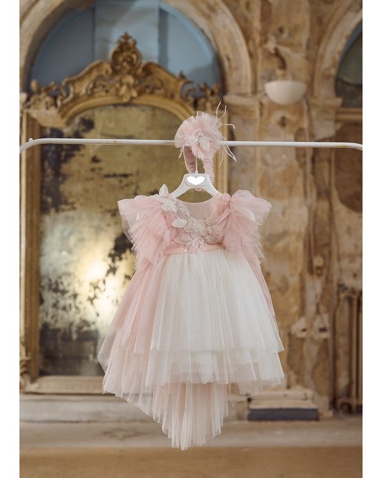 Baptism dress made of ivory and pink  tulle Christening clothes