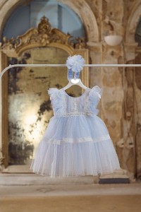 Baptism dress made of pastel baby blue tulle