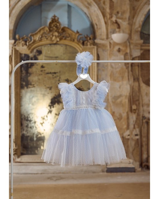 Baptism dress made of pastel baby blue tulle Christening clothes