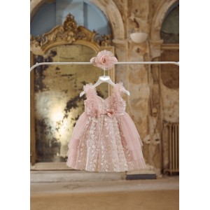 Baptism dress made of pink tulle and florl lace