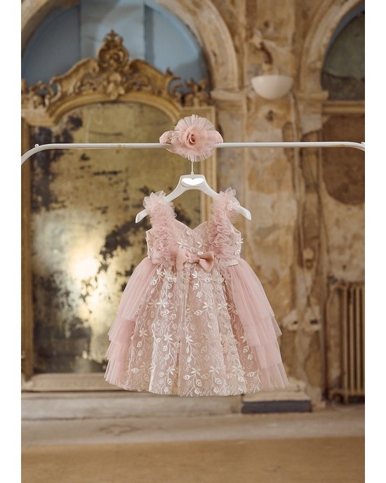 Baptism dress made of pink tulle and florl lace Christening clothes