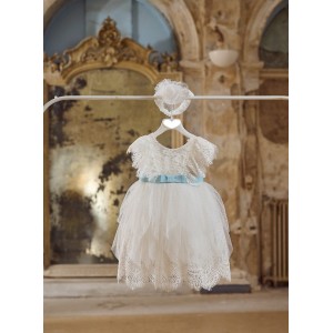 Baptism dress made of French lace and polka dot tulle