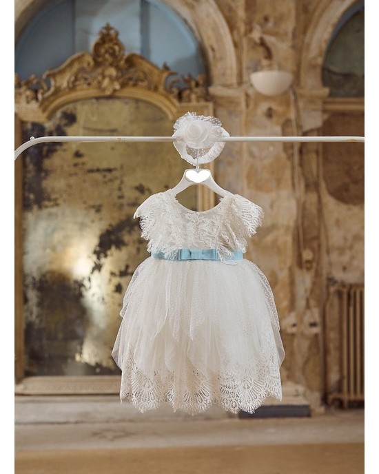 Baptism dress made of French lace and polka dot tulle Christening clothes
