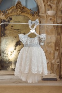 Baptism dress made of french lace and linen in violet blue 