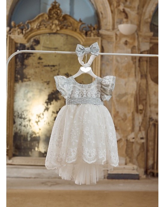 Baptism dress made of french lace and linen in violet blue  Christening clothes