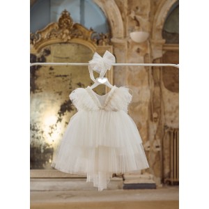 Ivory baptism dress made of glitter tulle and feathers