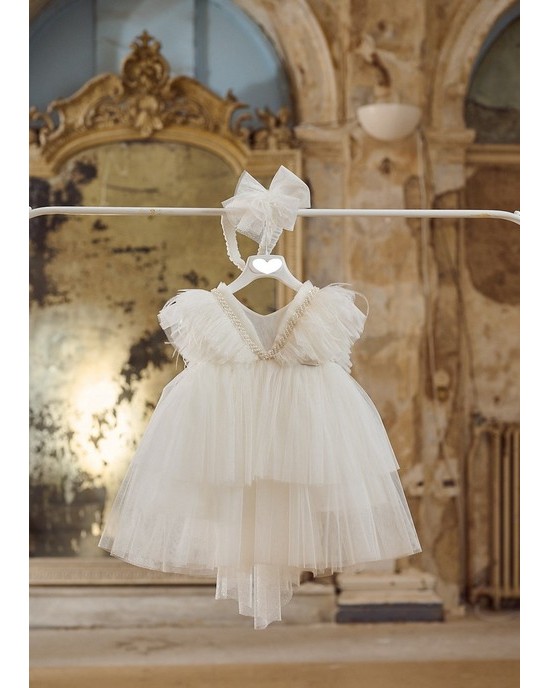 Ivory baptism dress made of glitter tulle and feathers Christening clothes