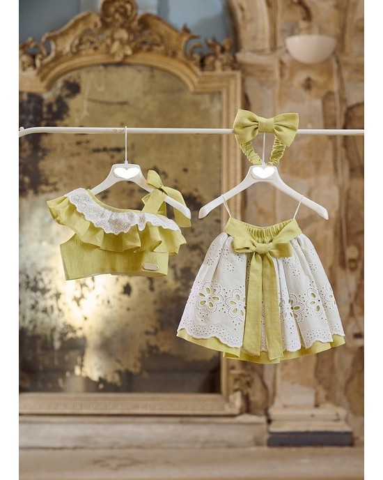 Des pies set for girl with skirt & top in broderie and lime linen Christening clothes