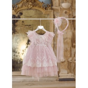 Βαπτιστικό φόρεμα από τούλι σε ροζ σαμπανιζέ και δαντέλα