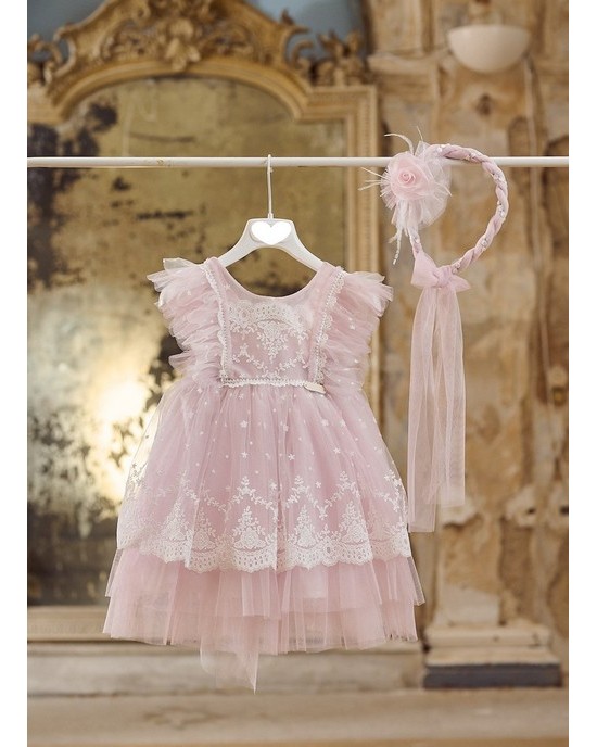 Baptism dress made of tulle in bubbly pink and lace 