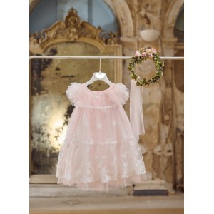 Baptism boho dress made of pink tulle and lace