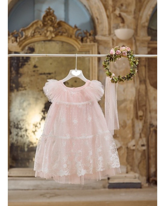 Baptism boho dress made of pink tulle and lace Christening clothes