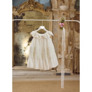 Ivory linen baptism dress with lace