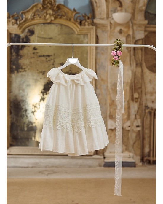 Ivory linen baptism dress with lace Christening clothes