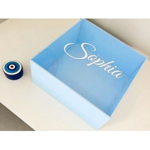 Christening square baby blue box for boy with transparent top