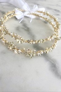Handmade, gold plated, wedding wreaths with flowers, pearls and crystals