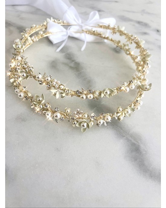 Handmade, gold plated, wedding wreaths with flowers, pearls and crystals Wreaths