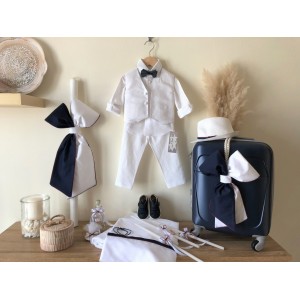 Christening set for boy  white linen with navy blue details