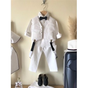 Christening set for boy  white linen with navy blue details