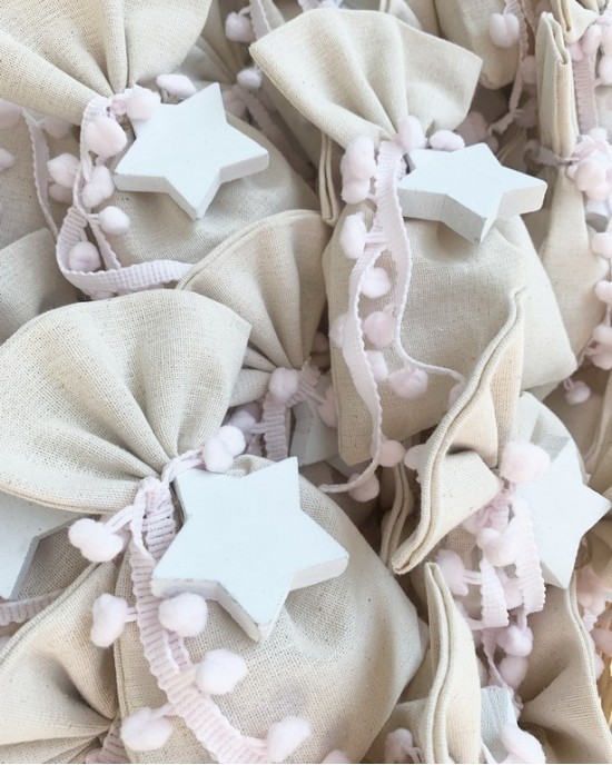 Christening favor for girl ivory pouch with wooden star Favors