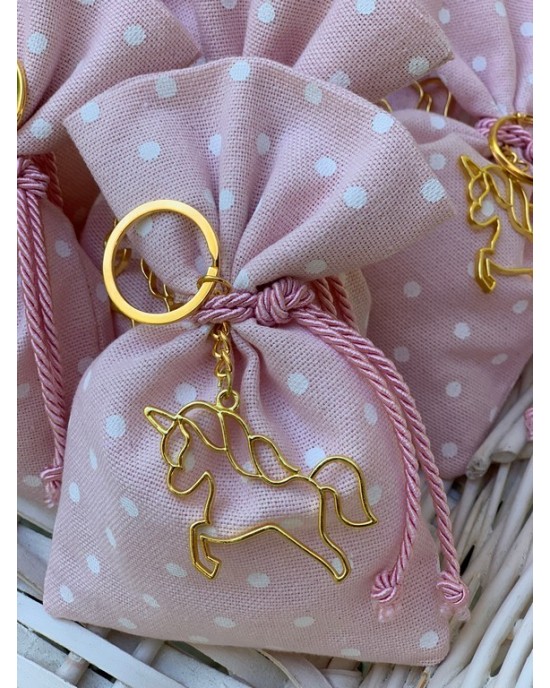 Christening favor for girl polka dots baby pink pouch with unicorn keychain Favors