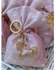 Μπομπονιέρα βάπτισης για κορίτσι πουγκί ροζ πουα με μπρελόκ μονόκερο Μπομπονιέρες