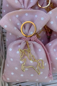 Christening favor for girl polka dots baby pink pouch with unicorn keychain