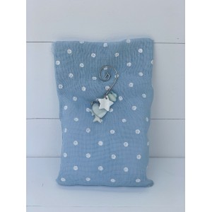 Christening favor for boy pouch with mother of pearl decoratives