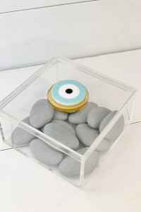 Christening favor plexi glass box decorated with evil eye
