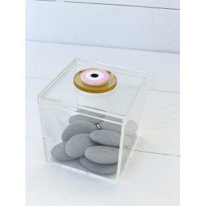 Christening favor plexi glass cube box decorated with evil eye